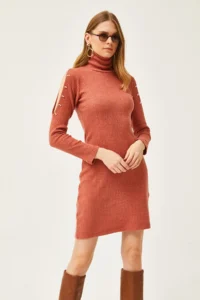 Olalook Women's Brick Shoulder Low-cut Beaded Detailed Fisherman Dress - Image 3
