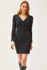 Olalook Women's Black Roba Gather Detailed Raised Mini Dress