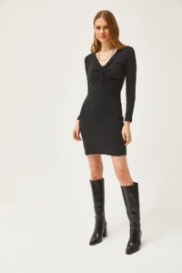 Olalook Women's Black Roba Gather Detailed Raised Mini Dress - Image 2