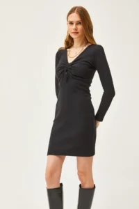 Olalook Women's Black Roba Gather Detailed Raised Mini Dress - Image 3
