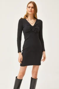 Olalook Women's Black Roba Gather Detailed Raised Mini Dress - Image 4