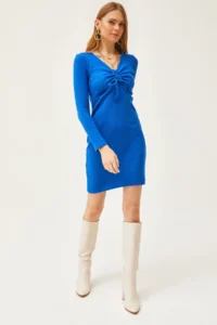 Olalook Women's Saks Blue Roba Gather Detailed Raised Mini Dress