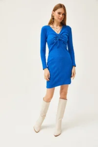 Olalook Women's Saks Blue Roba Gather Detailed Raised Mini Dress - Image 2