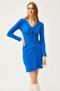 Olalook Women's Saks Blue Roba Gather Detailed Raised Mini Dress - Image 4