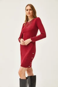 Olalook Women's Burgundy Cuff and Skirt Button Detailed Raised Mini Dress - Image 2