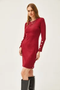 Olalook Women's Burgundy Cuff and Skirt Button Detailed Raised Mini Dress - Image 3