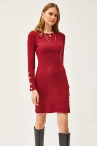 Olalook Women's Burgundy Cuff and Skirt Button Detailed Raised Mini Dress - Image 4