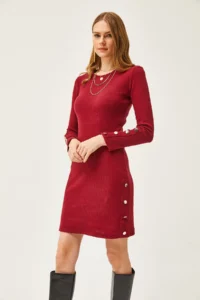 Olalook Women's Burgundy Cuff and Skirt Button Detailed Raised Mini Dress - Image 5