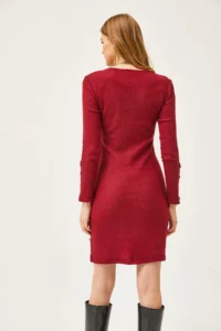 Olalook Women's Burgundy Cuff and Skirt Button Detailed Raised Mini Dress - Image 6