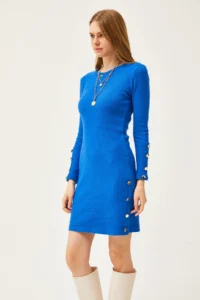Olalook Women's Saks Blue Mini Dress with Button Detail on Cuff and Skirt - Image 3