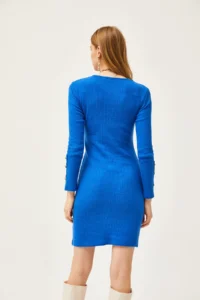 Olalook Women's Saks Blue Mini Dress with Button Detail on Cuff and Skirt - Image 7