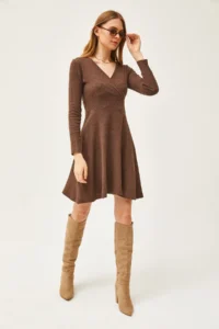 Olalook Women's Bitter Brown Double Breasted Collar Rose Gold Mini Dress - Image 2