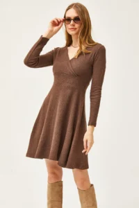 Olalook Women's Bitter Brown Double Breasted Collar Rose Gold Mini Dress - Image 3