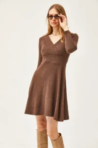 Olalook Women's Bitter Brown Double Breasted Collar Rose Gold Mini Dress - Image 4