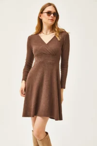 Olalook Women's Bitter Brown Double Breasted Collar Rose Gold Mini Dress - Image 5