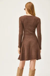 Olalook Women's Bitter Brown Double Breasted Collar Rose Gold Mini Dress - Image 6