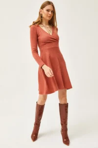 Olalook Women's Brick Double-Breasted Collar Raised Mini Dress