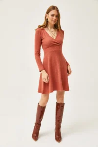 Olalook Women's Brick Double-Breasted Collar Raised Mini Dress - Image 2