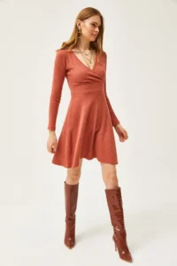 Olalook Women's Brick Double-Breasted Collar Raised Mini Dress - Image 3