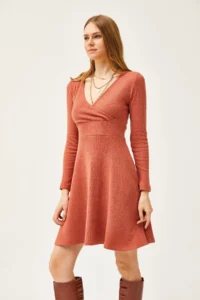 Olalook Women's Brick Double-Breasted Collar Raised Mini Dress - Image 4