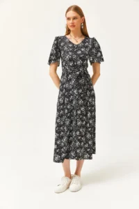 Olalook Women's Daisy Black V-neck Belted Buttoned Knitted Dress - Image 2