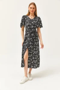 Olalook Women's Daisy Black V-neck Belted Buttoned Knitted Dress - Image 3