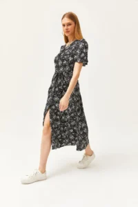 Olalook Women's Daisy Black V-neck Belted Buttoned Knitted Dress - Image 4