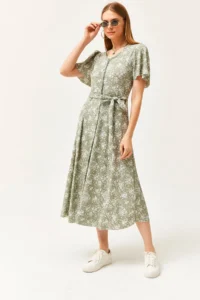 Olalook Women's Daisy Green V-Neck Belted Buttoned Knitted Dress