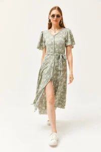 Olalook Women's Daisy Green V-Neck Belted Buttoned Knitted Dress - Image 2