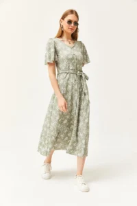 Olalook Women's Daisy Green V-Neck Belted Buttoned Knitted Dress - Image 3