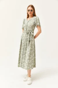 Olalook Women's Daisy Green V-Neck Belted Buttoned Knitted Dress - Image 4