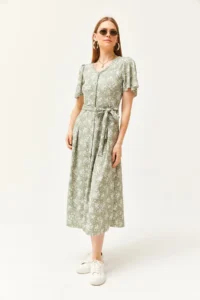 Olalook Women's Daisy Green V-Neck Belted Buttoned Knitted Dress - Image 5
