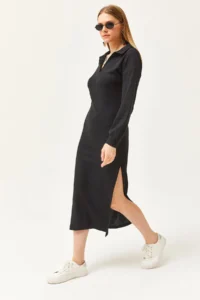 Olalook Women's Black Polo Neck Slit and Raised Midi Dress
