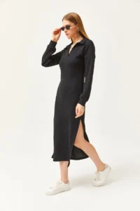 Olalook Women's Black Polo Neck Slit and Raised Midi Dress - Image 2