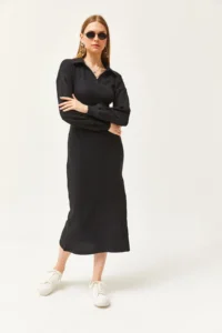 Olalook Women's Black Polo Neck Slit and Raised Midi Dress - Image 3