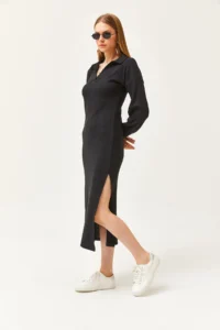 Olalook Women's Black Polo Neck Slit and Raised Midi Dress - Image 4