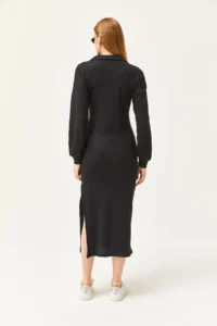 Olalook Women's Black Polo Neck Slit and Raised Midi Dress - Image 5