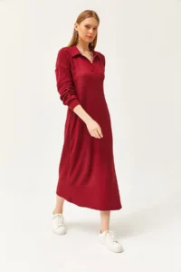 Olalook Women's Claret Red Polo Neck Slit and Raised Midi Dress - Image 2