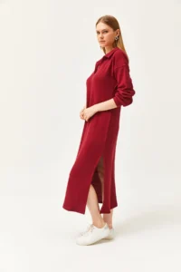 Olalook Women's Claret Red Polo Neck Slit and Raised Midi Dress - Image 3