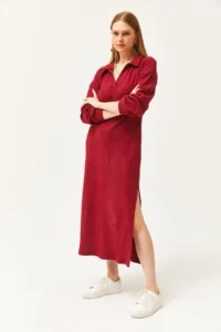 Olalook Women's Claret Red Polo Neck Slit and Raised Midi Dress - Image 4