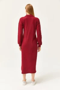 Olalook Women's Claret Red Polo Neck Slit and Raised Midi Dress - Image 5