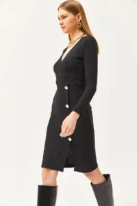 Olalook Women's Black Double Breasted Collar Slit Button Detailed Raised Dress - Image 2