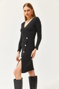 Olalook Women's Black Double Breasted Collar Slit Button Detailed Raised Dress - Image 3