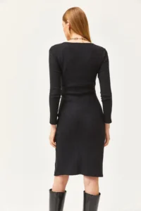 Olalook Women's Black Double Breasted Collar Slit Button Detailed Raised Dress - Image 4