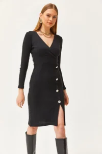 Olalook Women's Black Double Breasted Collar Slit Button Detailed Raised Dress - Image 5