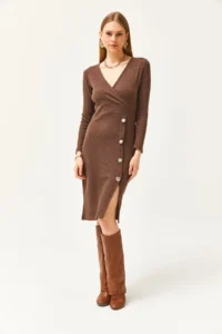 Olalook Women's Bitter Brown Double Breasted Collar Slit Button Detailed Raised Dress - Image 2