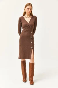 Olalook Women's Bitter Brown Double Breasted Collar Slit Button Detailed Raised Dress - Image 3
