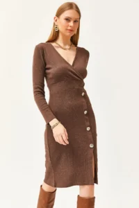 Olalook Women's Bitter Brown Double Breasted Collar Slit Button Detailed Raised Dress - Image 4