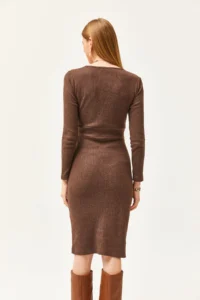 Olalook Women's Bitter Brown Double Breasted Collar Slit Button Detailed Raised Dress - Image 6