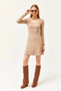 Olalook Women's Camel Pool Neck Piece Mini Flared Dress - Image 2